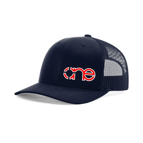 Navy Blue XL "One" Trucker Hat with Red and White logo, snapback, front side view.