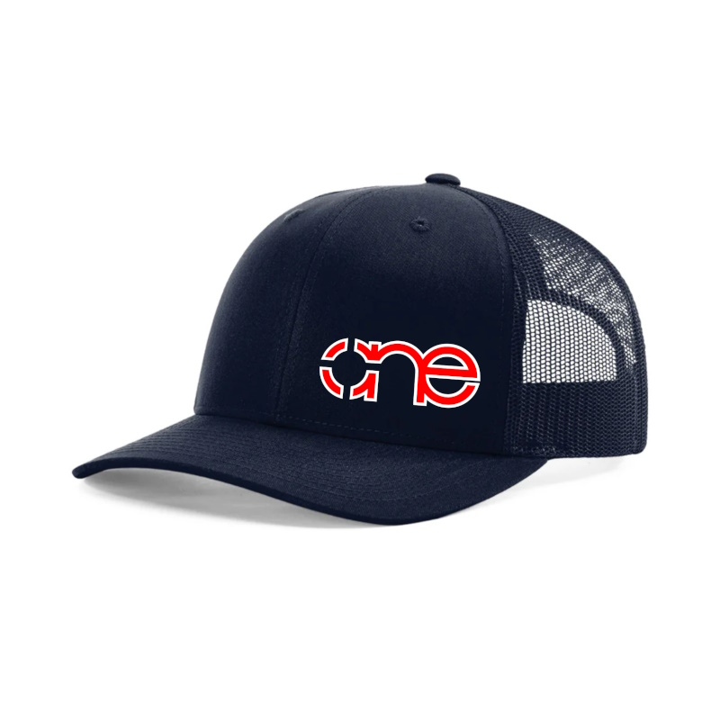 Navy Blue XL “One” Trucker Hat with Red and White logo, snapback, front side view.