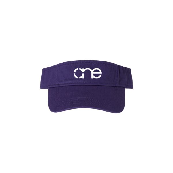 Purple "One" Visor Hat with White logo, hook and loop (velcro), front view.