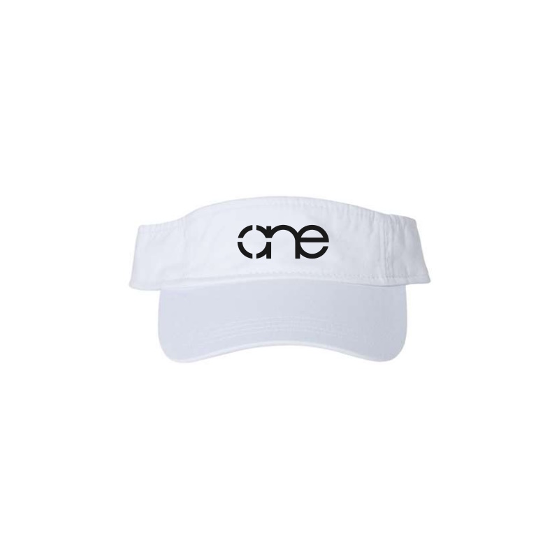 White "One" Visor Hat with Black logo, hook and loop (velcro), front side view.