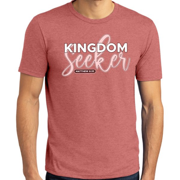 Mens blush frost short sleeve "Kingdom Seeker" Christian tee shirt, front view.