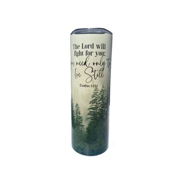 The Lord Will Fight For You Cream and Green 20oz Skinny Tumbler.