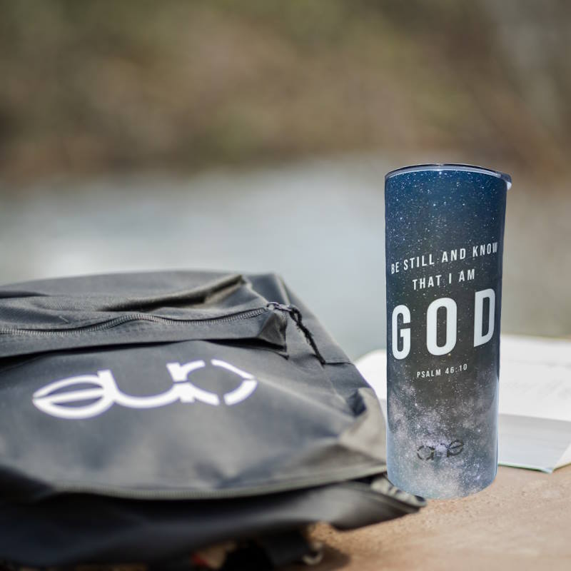 Be Still and Know Galaxy 20oz Skinny Tumbler feature image which includes our One backpack.