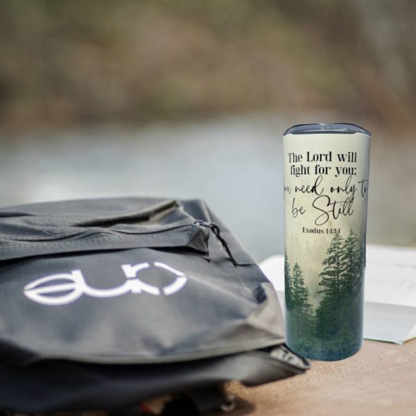 The Lord Will Fight For You Cream and Green 20oz Skinny Tumbler feature image which includes our One backpack.