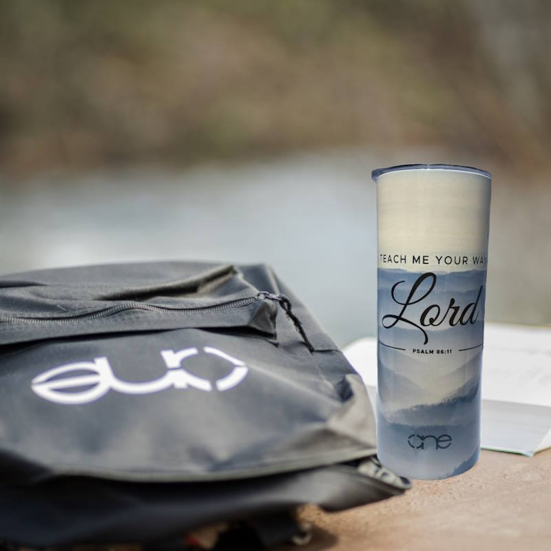 Teach Me Your Way Lord Cream and Blue 20oz Skinny Tumbler feature image which includes our One backpack.