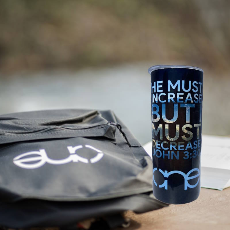 He Must Increase Black and Blue 20oz Skinny Tumbler feature image which includes our One backpack.