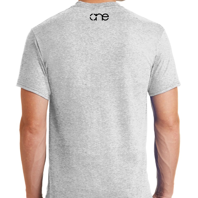 Mens sport grey short sleeve Christian tee shirt with black One logo on back.