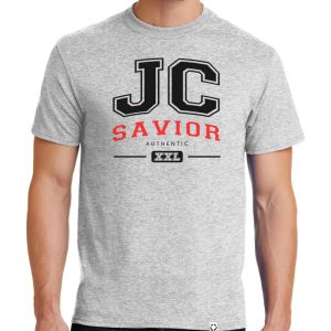 Mens sport grey short sleeve "JC Savior" Christian tee shirt, front view.