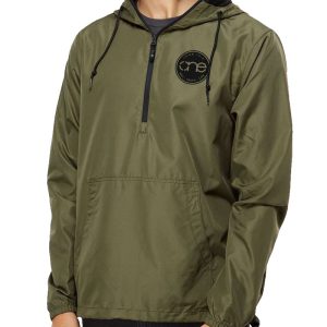 Men's, Olive Green One Circular Christian 1/4 Zip Windbreaker, front.