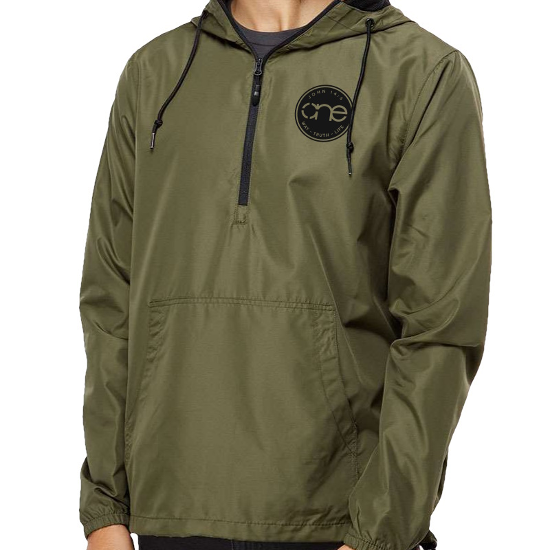 Men’s, Olive Green One Circular Christian 1/4 Zip Windbreaker, front.