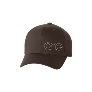 Brown 6-Panel Flexfit Hat, featuring the "One" logo in brown with cream outline, structured bill, LG/XL, front side view.