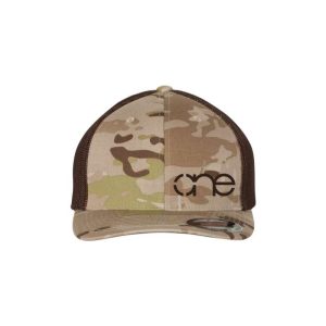 Multicam Arid Brown 6-Panel Flexfit Hat, featuring the "One" logo in brown, structured bill, LG/XL, front side view.