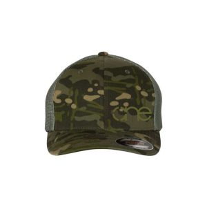 Multicam Tropic Green 6-Panel Flexfit Hat, featuring the "One" logo in olive green, structured bill, LG/XL, front side view.