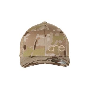 Multicam Arid Tan 6-Panel Flexfit Hat, featuring the "One" logo in tan, structured bill, LG/XL, front side view.