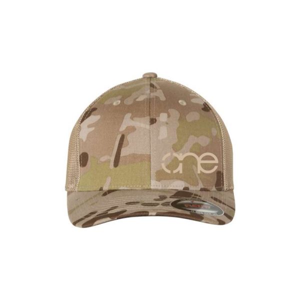 Multicam Arid Tan 6-Panel Flexfit Hat, featuring the "One" logo in tan, structured bill, LG/XL, front side view.