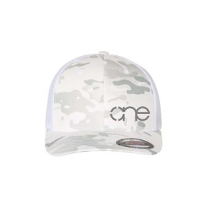 Multicam Alpine White 6-Panel Flexfit Hat, featuring the "One" logo in grey, structured bill, LG/XL, front side view.