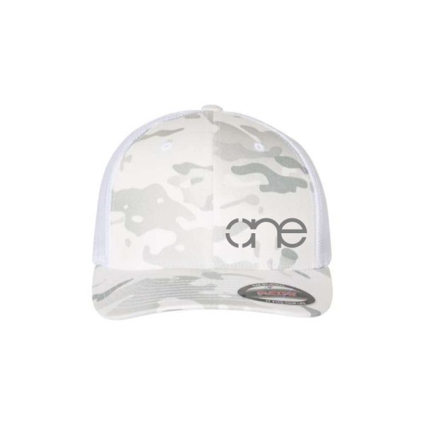 Multicam Alpine White 6-Panel Flexfit Hat, featuring the "One" logo in grey, structured bill, LG/XL, front side view.