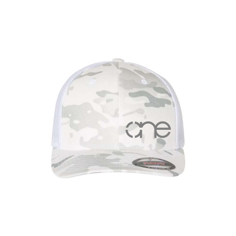 Multicam Alpine White 6-Panel Flexfit Hat, featuring the “One” logo in grey, structured bill, LG/XL, front side view.