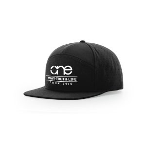 One Way Truth Life 7-Panel Hat, Canon Cap, in Black, Snapback, Flat Bill, front side view.