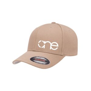 Khaki Flexfit Cap with White One logo, S/MD, side-front view.