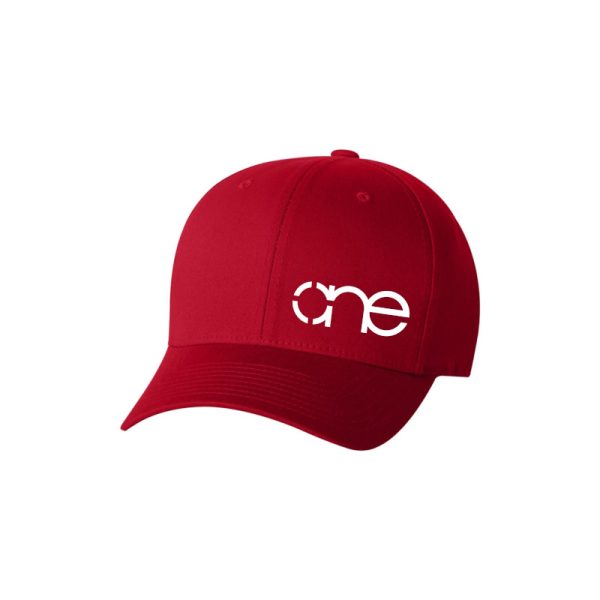 Red Flexfit Cap with White One logo, S/MD, side-front view.