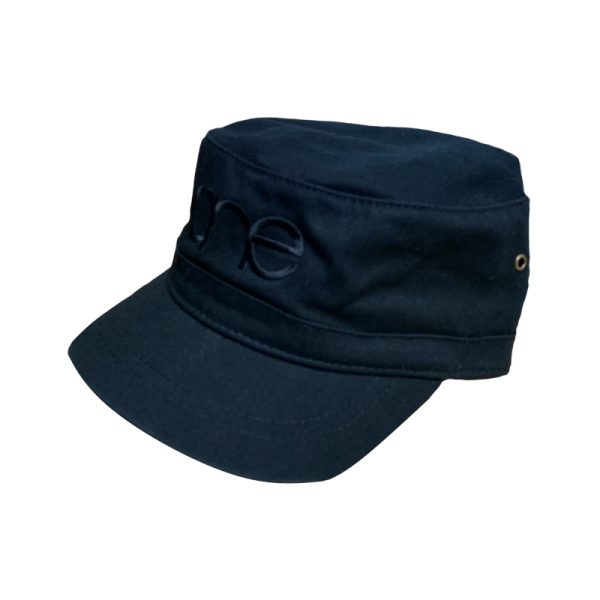 Black adjustable military style cadet cap with the One logo in black, OSFM, side front view.