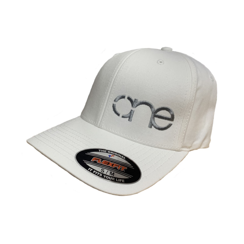 White 6-Panel Flexfit Hat, featuring the “One” logo in grey, structured bill, SM/MD, front side view.