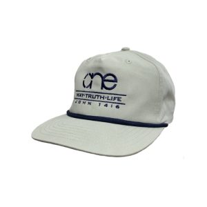 Light Grey, 5-Panel Golf Cap with Navy Blue rope featuring the "One Way Truth Life" logo in Navy Blue, semi-curved bill with snap-back closure, front view.