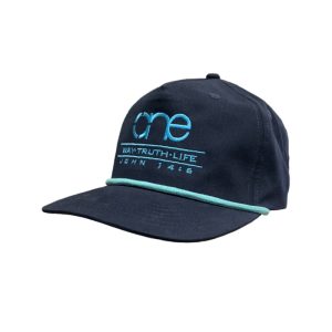 Navy Blue, 5-Panel Golf Cap with Teal rope featuring the "One Way Truth Life" logo in Teal, semi-curved bill with snap-back closure, front view.