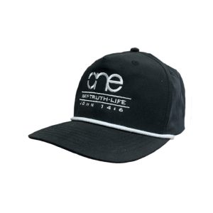 Black, 5-Panel Golf Cap with White rope featuring the "One Way Truth Life" logo in White, semi-curved bill with snap-back closure, front view.