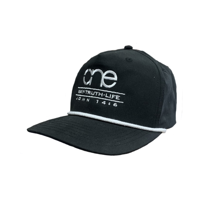 Black, 5-Panel Golf Cap with White rope featuring the "One Way Truth Life" logo in White, semi-curved bill with snap-back closure, front view.