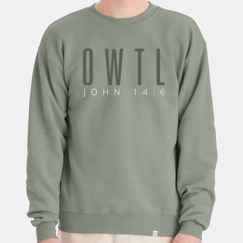 Men's, Dark Sage OWTL John 14:6 Christian sweater, front.